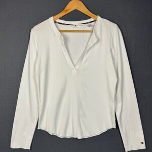 Tommy Hilfiger Jeans Top Womens Large White Split V-Neck Ribbed Tee Y2K Preppy